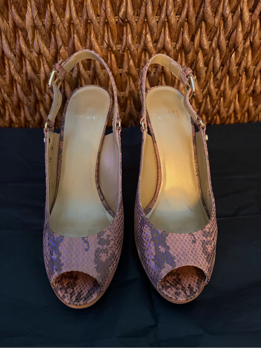 Stuart Weitzman Pink Snake-Print Slingback Peep-Toe Heels